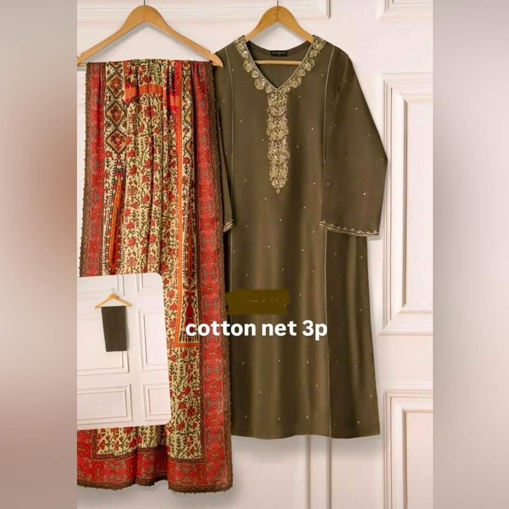 Agha noor embroidered 3pcs cotton net suit